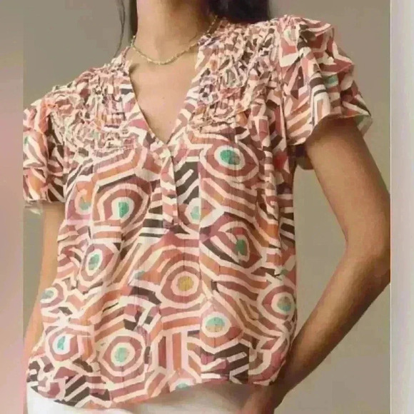 Maeve multicolor ruffle yoke blouse with flowy sleeves; size S - Picture 1 of 7